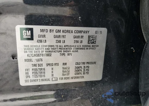 2015 Chevrolet Trax Ls из США, поврежденный, VIN KL7CJKSB2FB178832